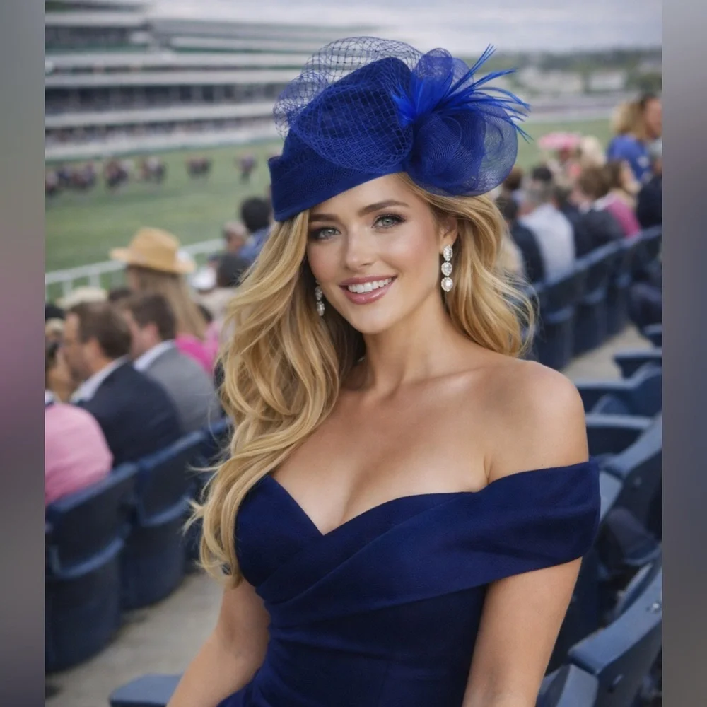 New Navy Kentucky Derby Pillbox Sinamay Hat Fascinator Feather Netting Veil